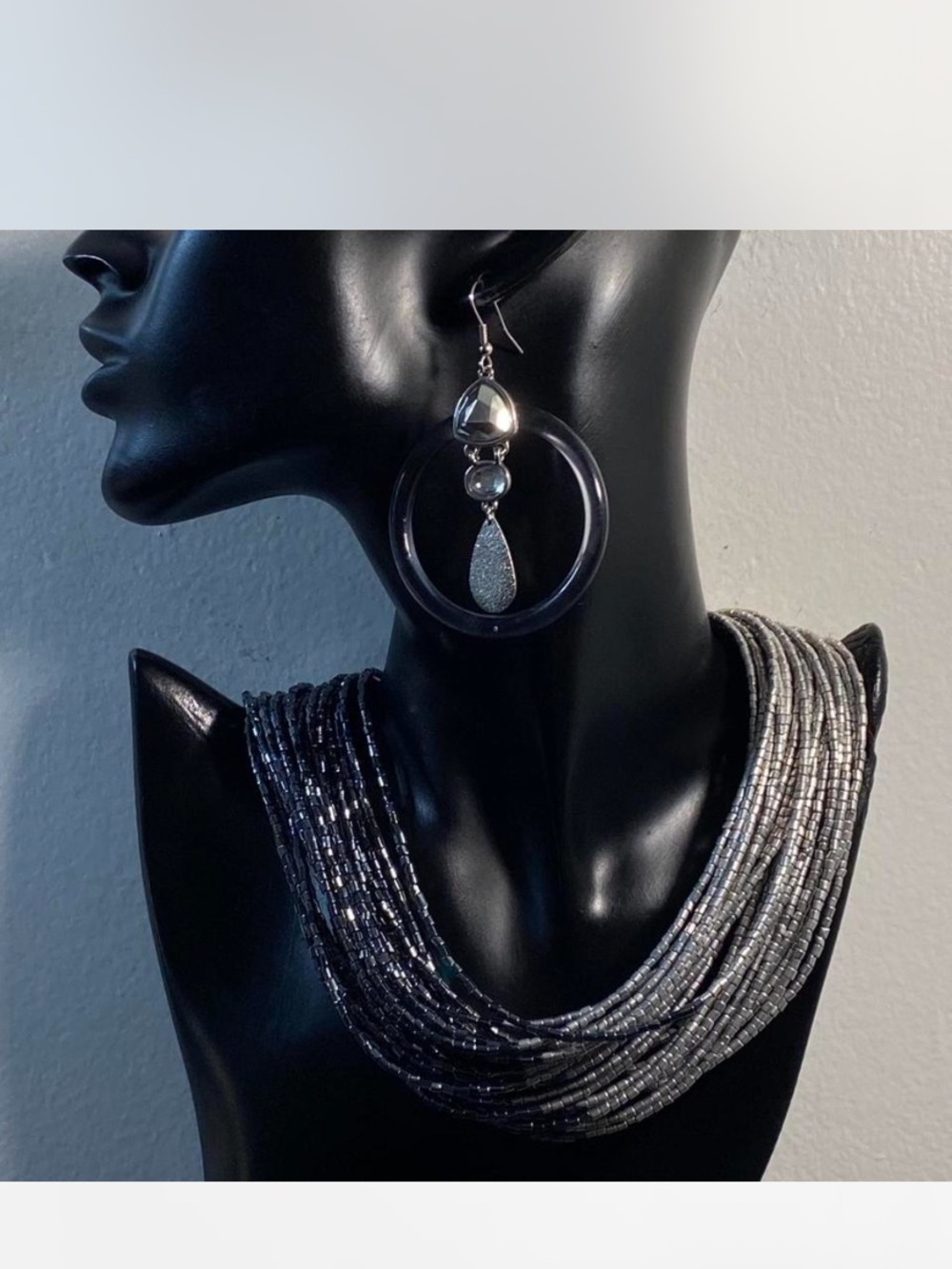 Silver /Gun metal Gray  **Seed Beaded  ^*^ Multi-Strand Necklace”  Hoop Earrings